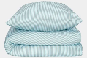 Bambus sengetøj hvid/havblå stribet 140x220