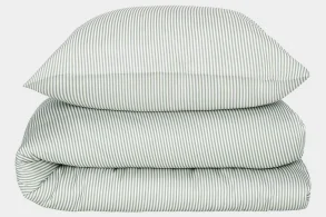 Bambus sengetøj hvid/oliven stribet 140x200